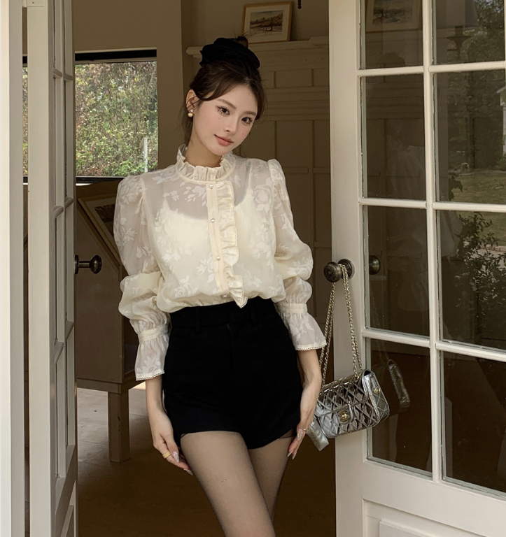 實拍！法式宮廷風植絨花多立領襯衫減齡顯瘦微透長袖襯衣女