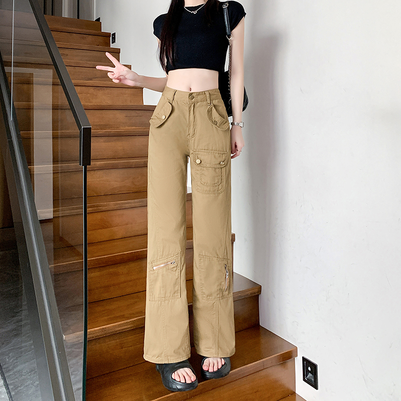 Real shot ~ Multi-pocket high street straight overalls, loose jeans, women's high waist slim casual pants, trendy