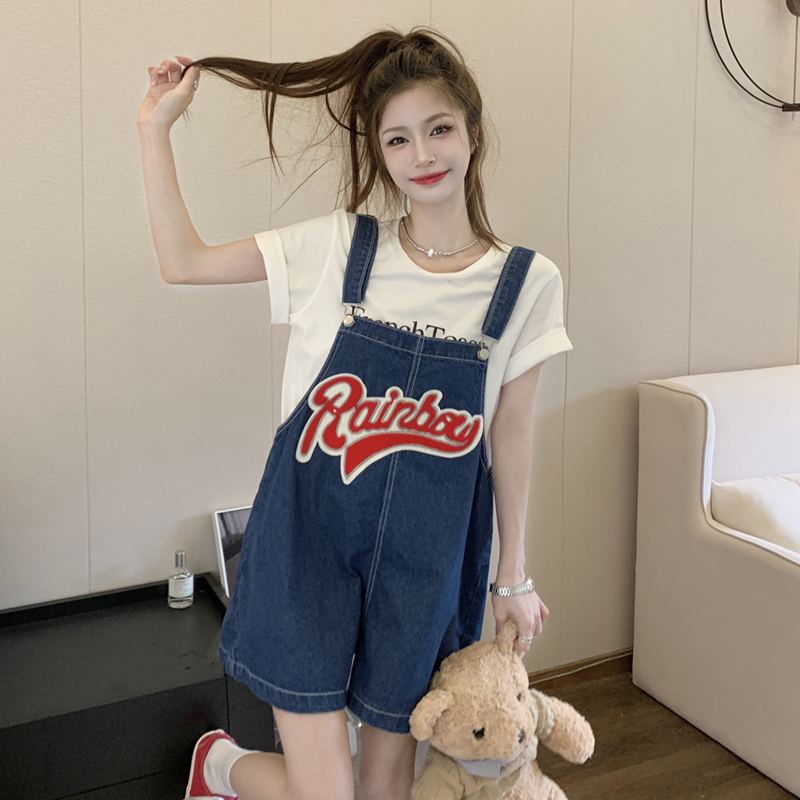 實拍夏裝套裝2024新款女韓版時尚寬鬆刺繡牛仔背帶短褲兩件套