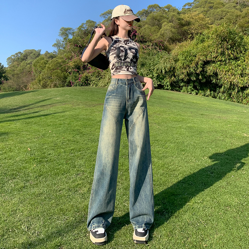 Actual shot of jeans for women 2024 spring new high-waisted slimming straight-leg design versatile wide-leg pants