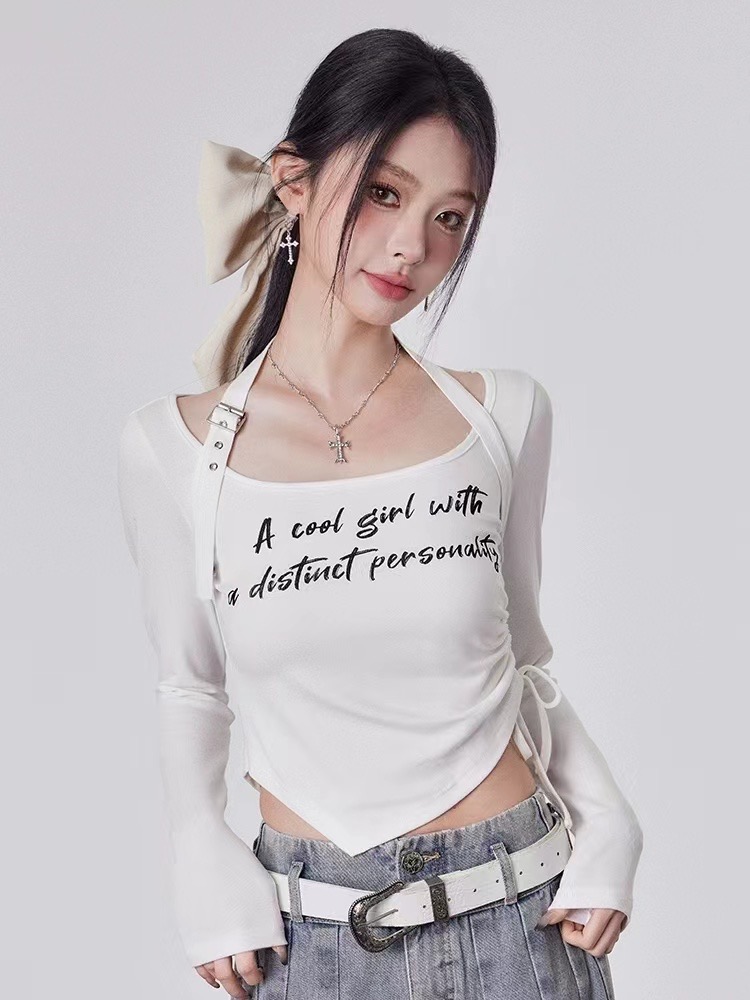 Theanswer24 American hot girl letter print halterneck slim fit collarbone exposed short slim long-sleeved T-shirt top