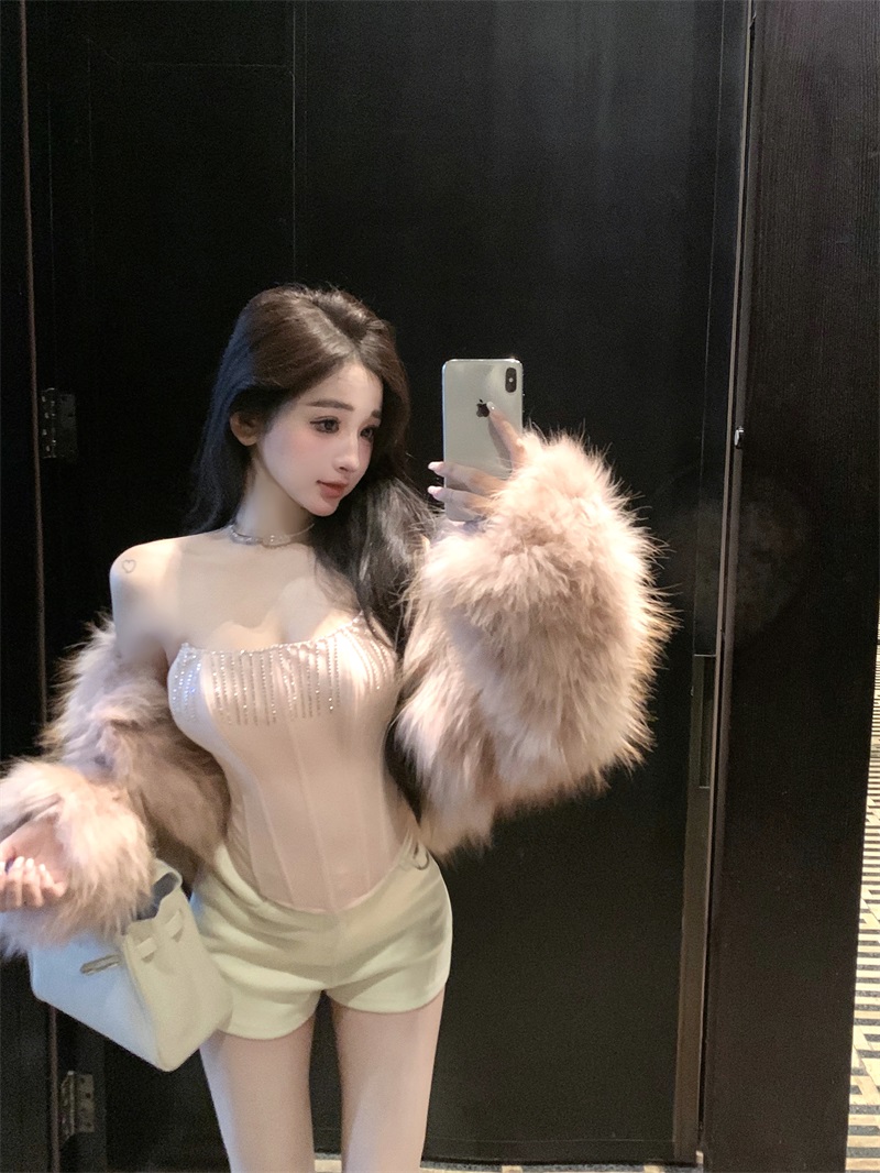 Real shot of Mount Fuji cherry blossom brushed velvet stretch diamond zipper pink herringbone zipper tube top