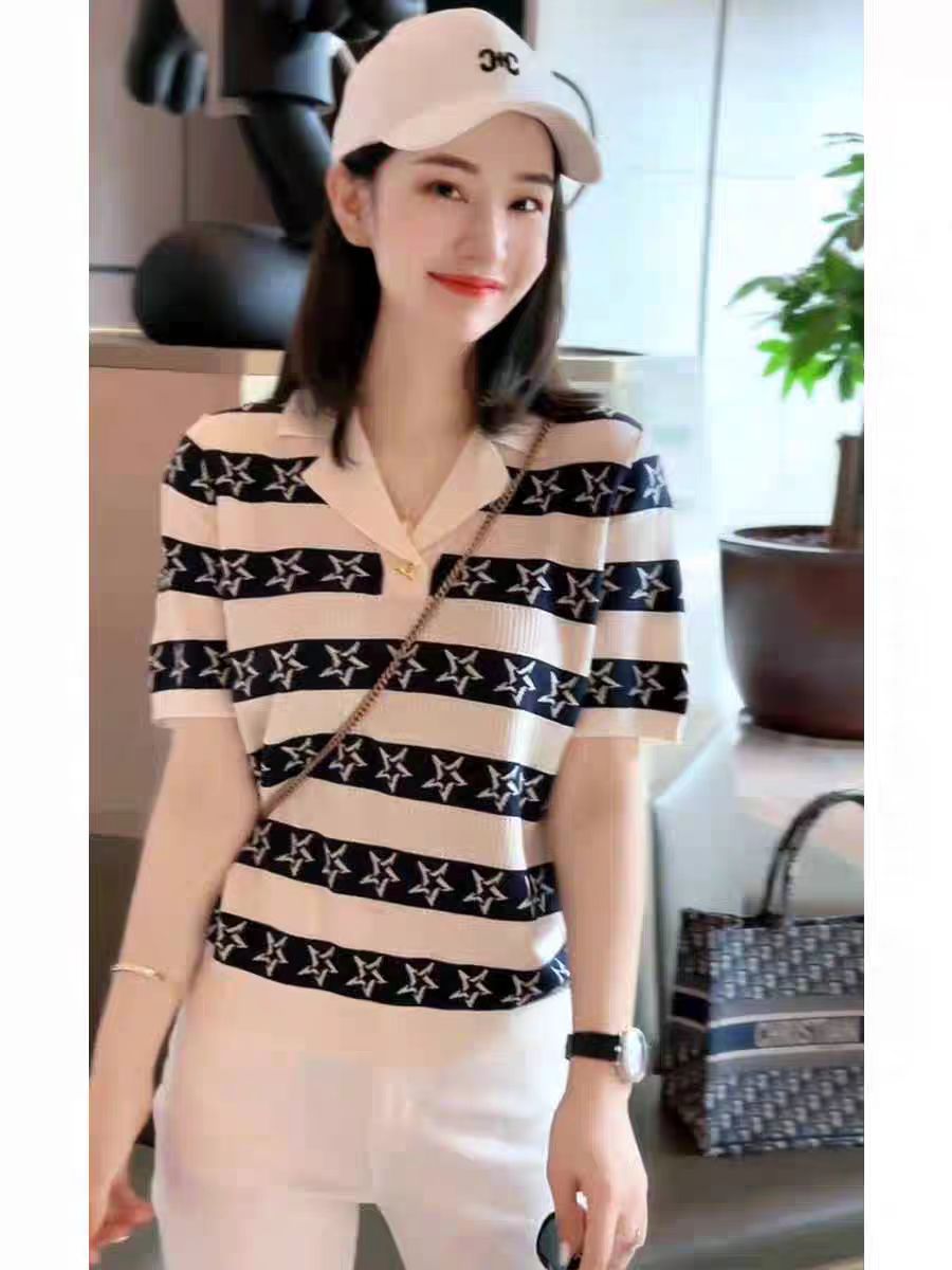 韓系polo領冰絲短袖針織衫女夏季設計感薄款顯瘦洋氣減齡T恤上衣
