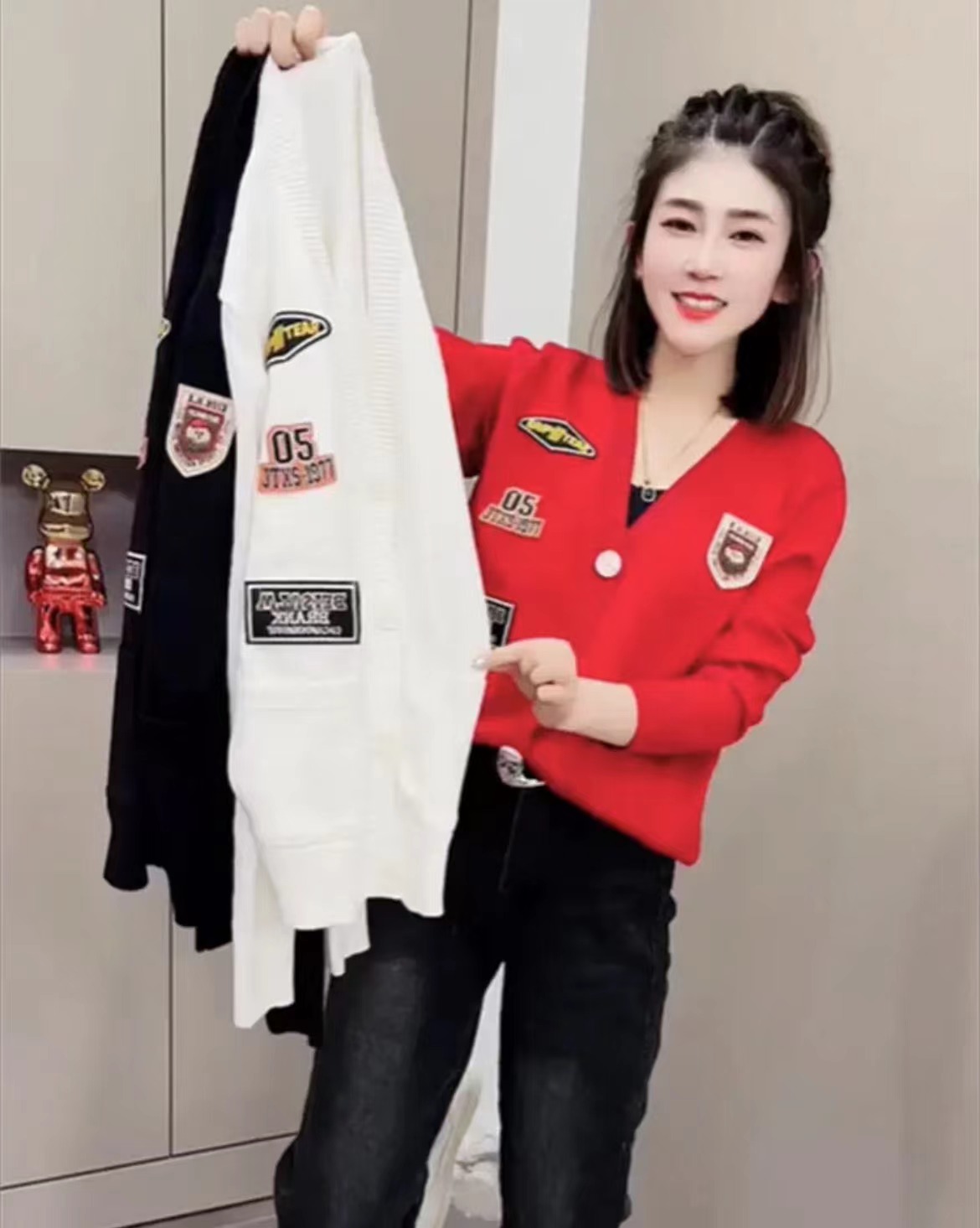 2024 spring new design contrasting color printing label V-neck knitted cardigan women's trendy single-breasted sweater