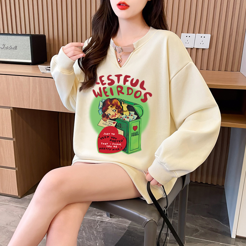First real shot of pure cotton Chinese cotton composite milk silk 320g hollow V-neck 300kg belt buckle sweatshirt for women trendy