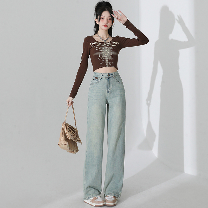 Actual shot of jeans for women 2024 spring new high-waisted slimming straight-leg design narrow floor-length wide-leg pants