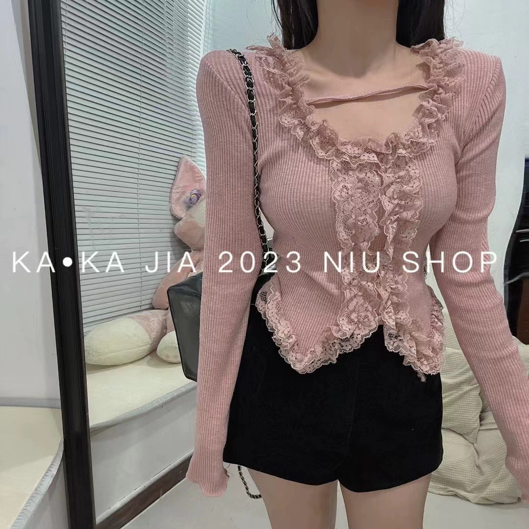 French style wooden ear edge lace patchwork long sleeved T-shirt for women's spring and autumn clothing, pure desire short slim fit top, knitted bottom sweater