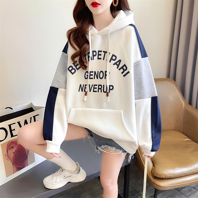 Real shot 2024 spring Korean style loose back bag collar twill hooded hooded color block embroidery large size thin sweatshirt for women