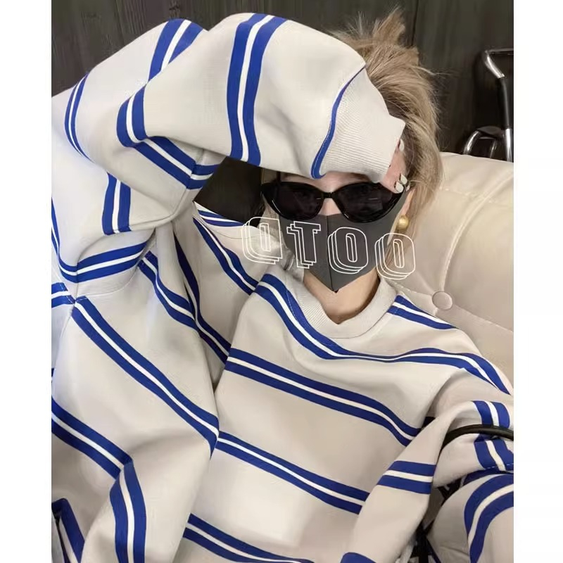 Spring round neck pullover striped sweatshirt for women 2024 new large size fat mm slim fashionable top
