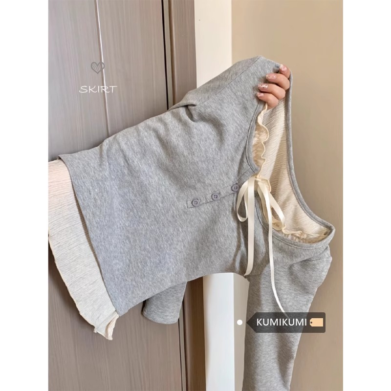 BM fake two-piece inner bottoming shirt for women in autumn and winter ballet style slimming long-sleeved T-shirt French waist top ins