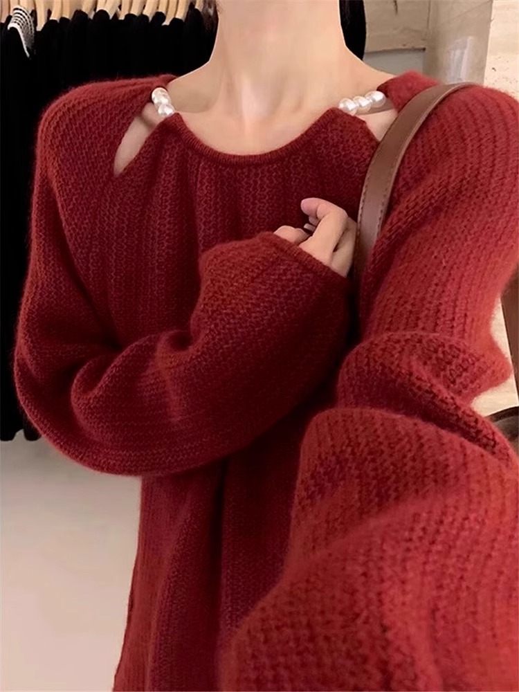 高級感新年紅色毛衣女秋冬2024新款設計感內搭針織打底衫寬鬆上衣