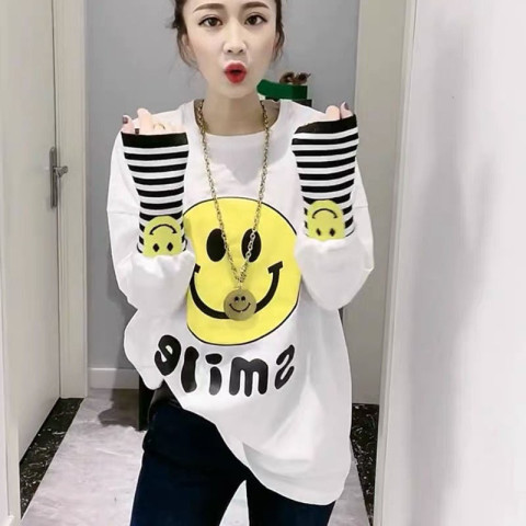 Official picture 280g German velvet cuffs spliced ​​striped smiley face long-sleeved bottoming shirt for women all-match T-shirt top