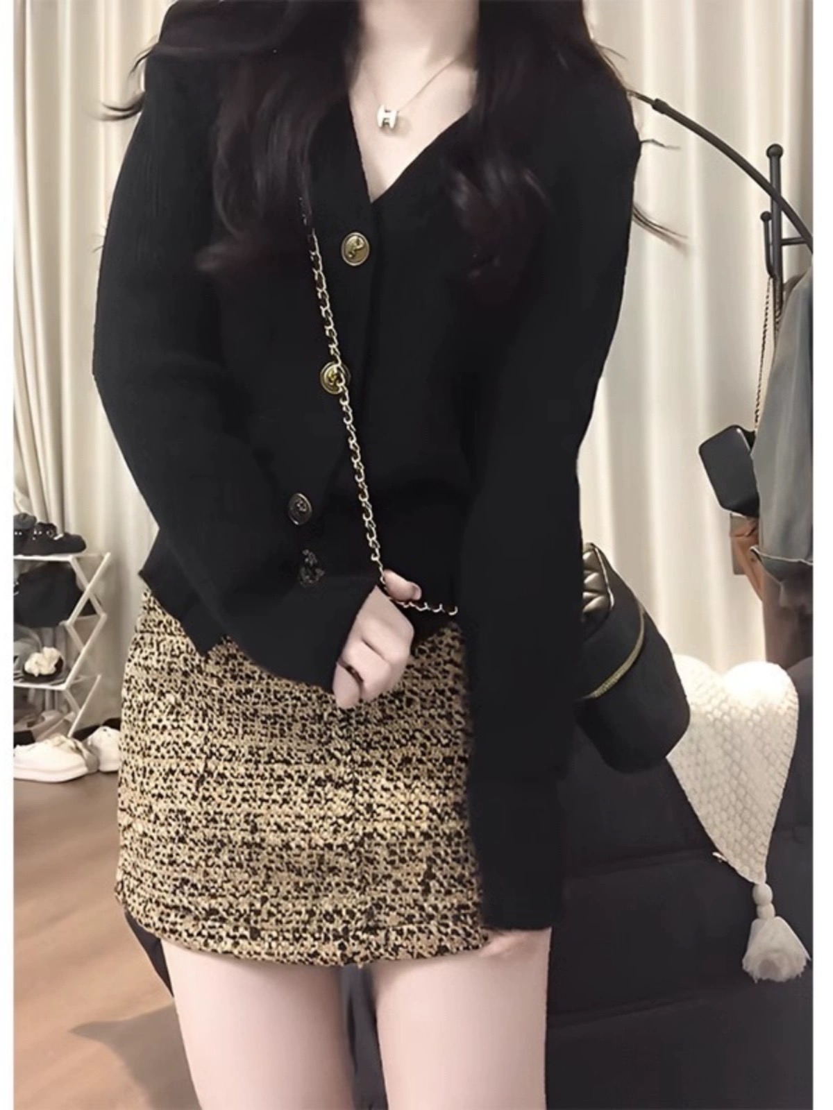 早春女2024年新款小個子穿搭香風連衣裙子茶系成套搭配一整套裝裙