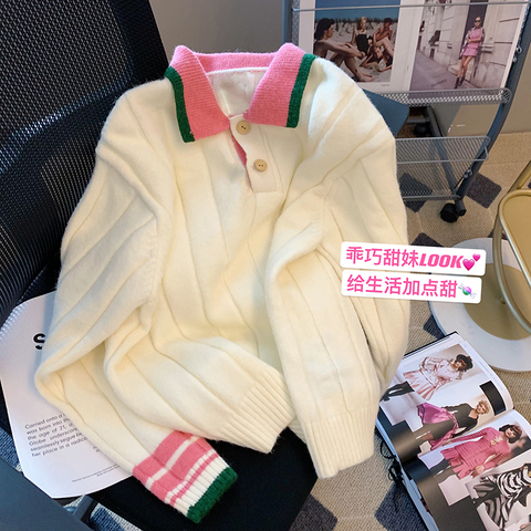 Official picture of sweet contrasting color Polo collar sweater for women, retro Japanese style lazy high-end coat