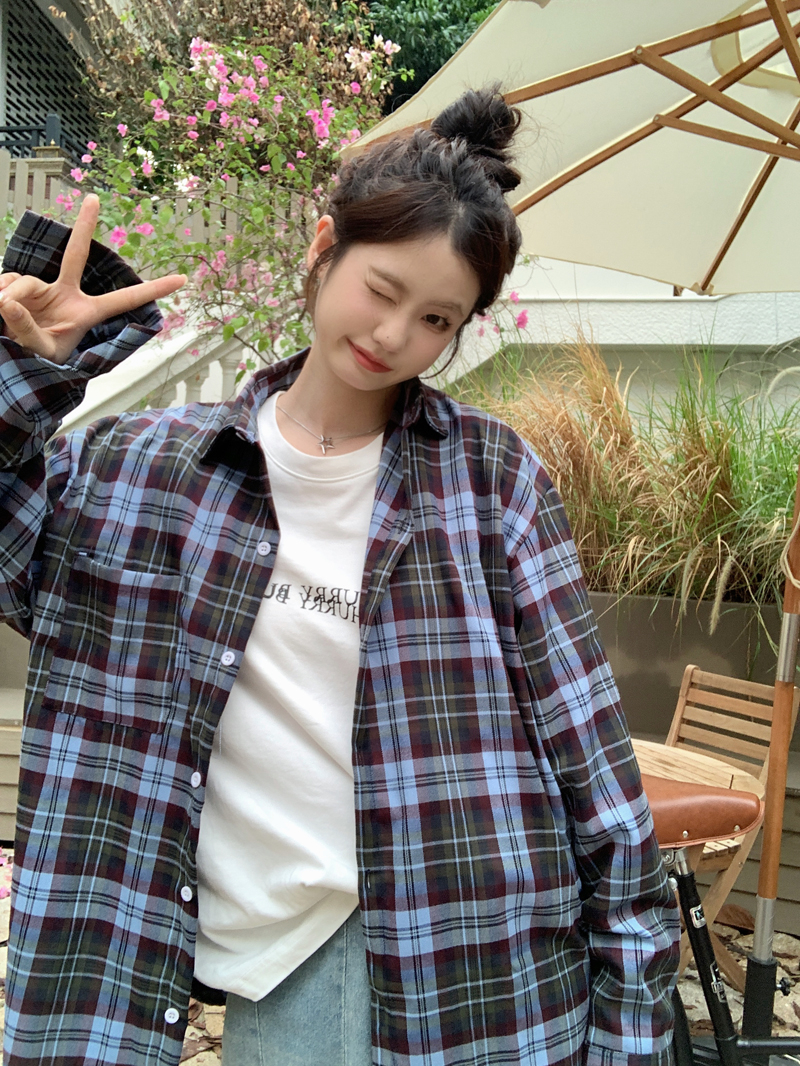 實拍 韓系復古顯白長袖寬鬆格子襯衫女新款慵懶風襯衣內搭外穿