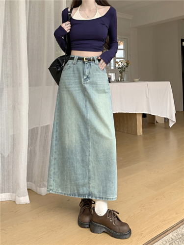 Actual shot~New high-waist slim pocket design slit denim A-line mid-length skirt