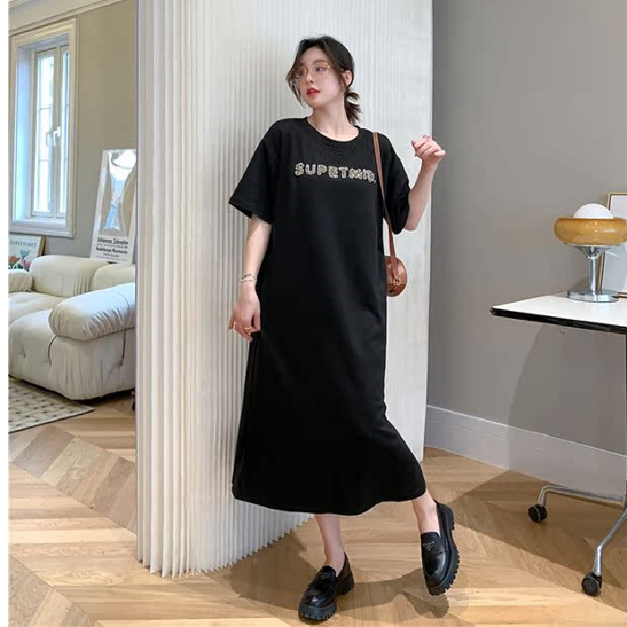 大碼女裝胖妹妹2024夏季新款圓領寬鬆百搭森系連衣裙
