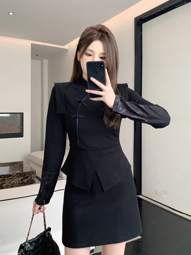 Actual shot of new Chinese style slimming buttoned top + high waisted woolen material A-line skirt fashion suit
