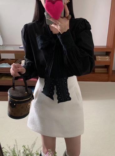 韩国chic新款气质百搭蕾丝系蝴蝶结长袖蕾丝袖口女士衬衫