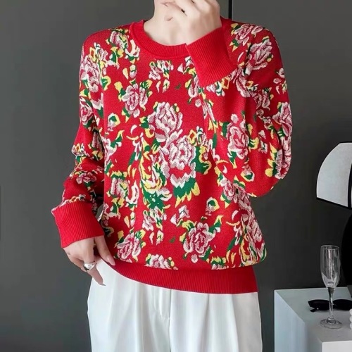 New national style red knitted cardigan fashion women's new v-neck Northeast large flower sweater jacket fashion top