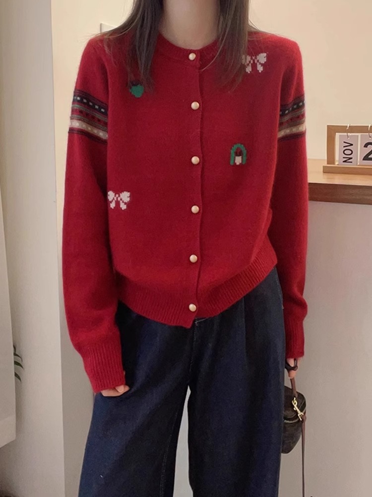 24 spring new fashion butterfly pattern warm sweater jacket sweater women's top New Year red cardigan
