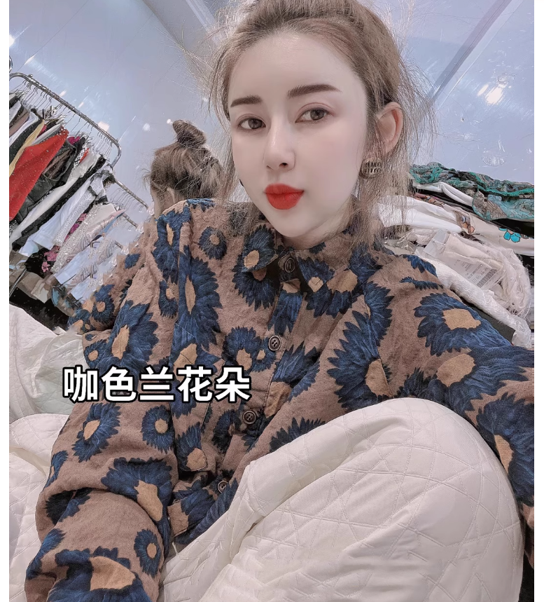 Cotton and linen printed shirt women's long-sleeved European product 2024 new Korean style fashion loose and versatile square collar floral shirt