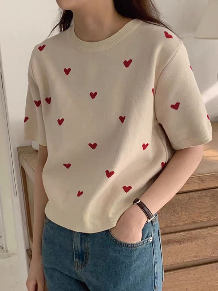 Little love chic short beautiful top for women summer Korean style sweet college style cute thin knitted short-sleeved T-shirt