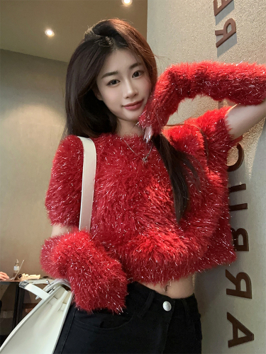 Actual shot of early spring Korean chic simple New Year red glitter fur sleeve sweater
