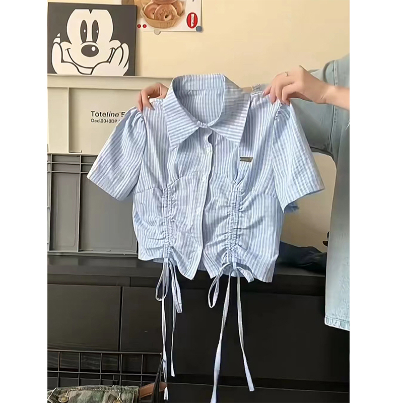 Plaid drawstring short-sleeved shirt for women 2024 new sweet short scheming niche chic top
