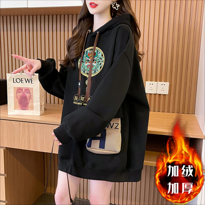 First imitation Chinese cotton velvet plus velvet thickened three-dimensional bag 2024 New Year hooded sweatshirt for women
