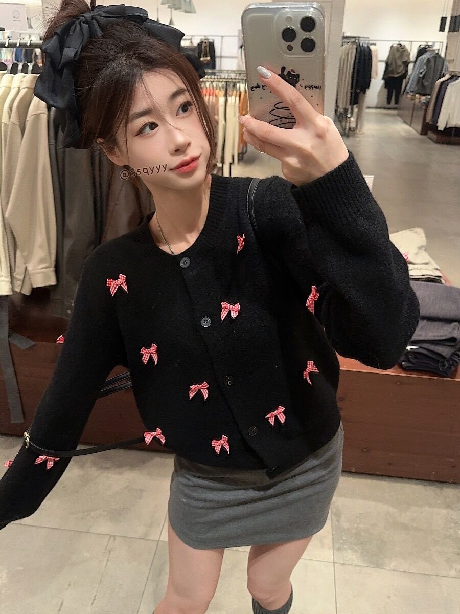 Bow Knitted Cardigan Women's 2024 Spring New Korean Style Loose Design Gentle and Chic Sweater Jacket