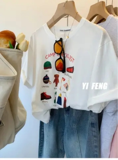 印花純棉短袖t恤女夏季夏2024新款寬鬆正肩半袖體恤港味chic上衣