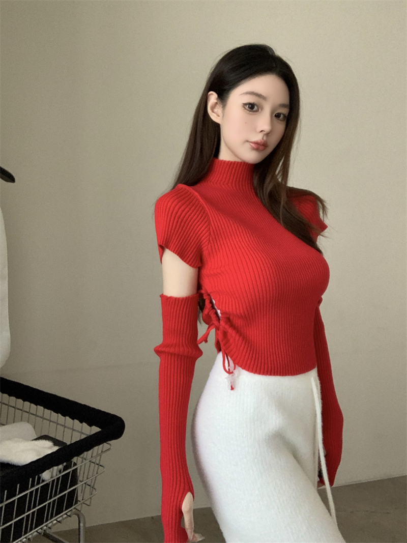 實拍 純欲辣妹袖套上衣半高領針織打底衫設計感純色抽繩上衣