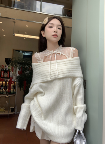 Real shot~ One-shoulder sweater for women with bow, lace and straps textured splicing suit