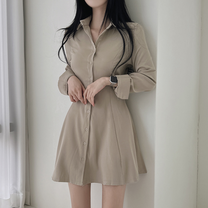 Size update Korean chic long-sleeved strappy waist slimming shirt dress
