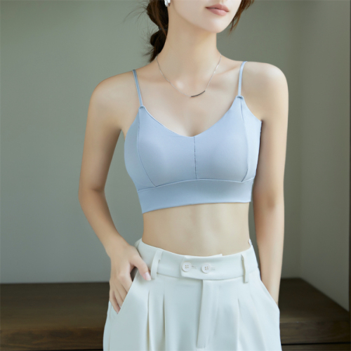 Actual price~Ice Silk Seamless Beautiful Back Camisole Fixed Breast Pad Gathered Comfortable Breathable Light Blue Underwear