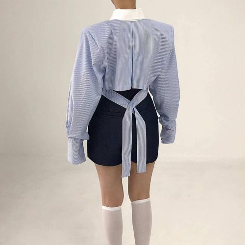韩国chic 春季小众设计感翻领后背镂空绑带系扣宽松百搭短款衬衫