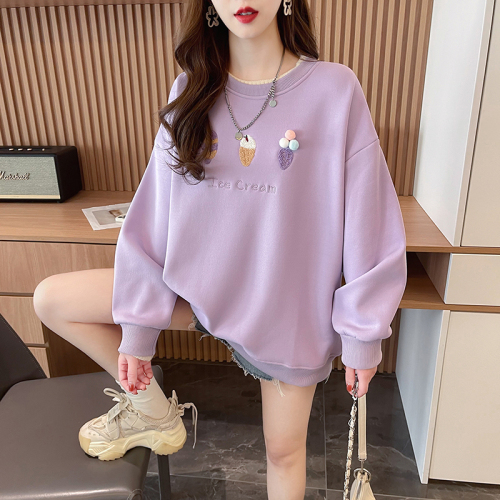 Real shot of Chinese cotton composite true super plus velvet fake two-piece sweatshirt for women winter round neck warm top plus size women's 200 pounds