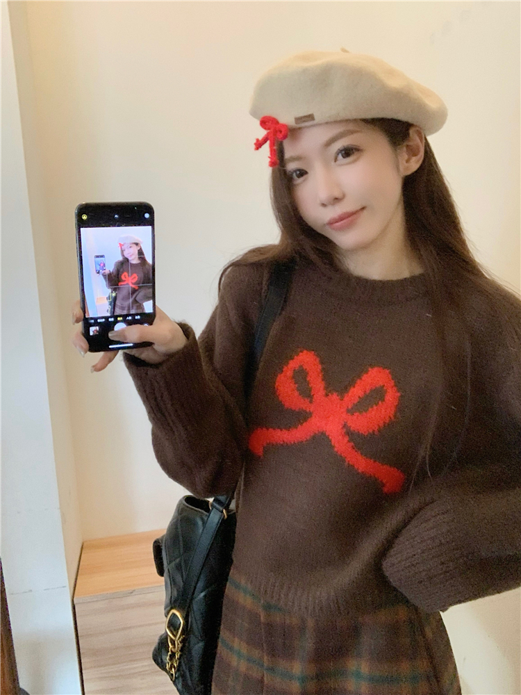 實拍~鬼馬少女感蝴蝶結紅色毛衣開衫外套女內搭套頭針織衫