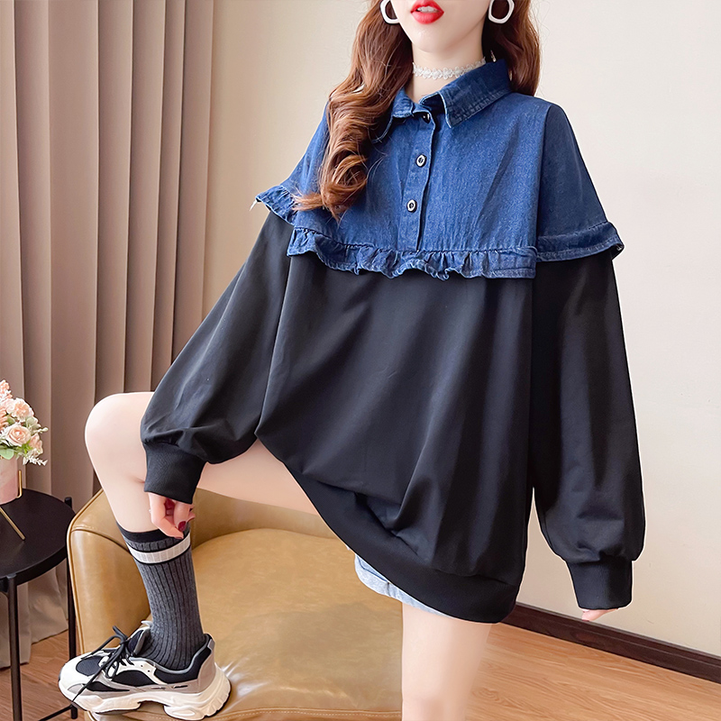 Actual shot-2024 spring Korean style loose raglan denim POLO collar large size women's thin sweatshirt for women