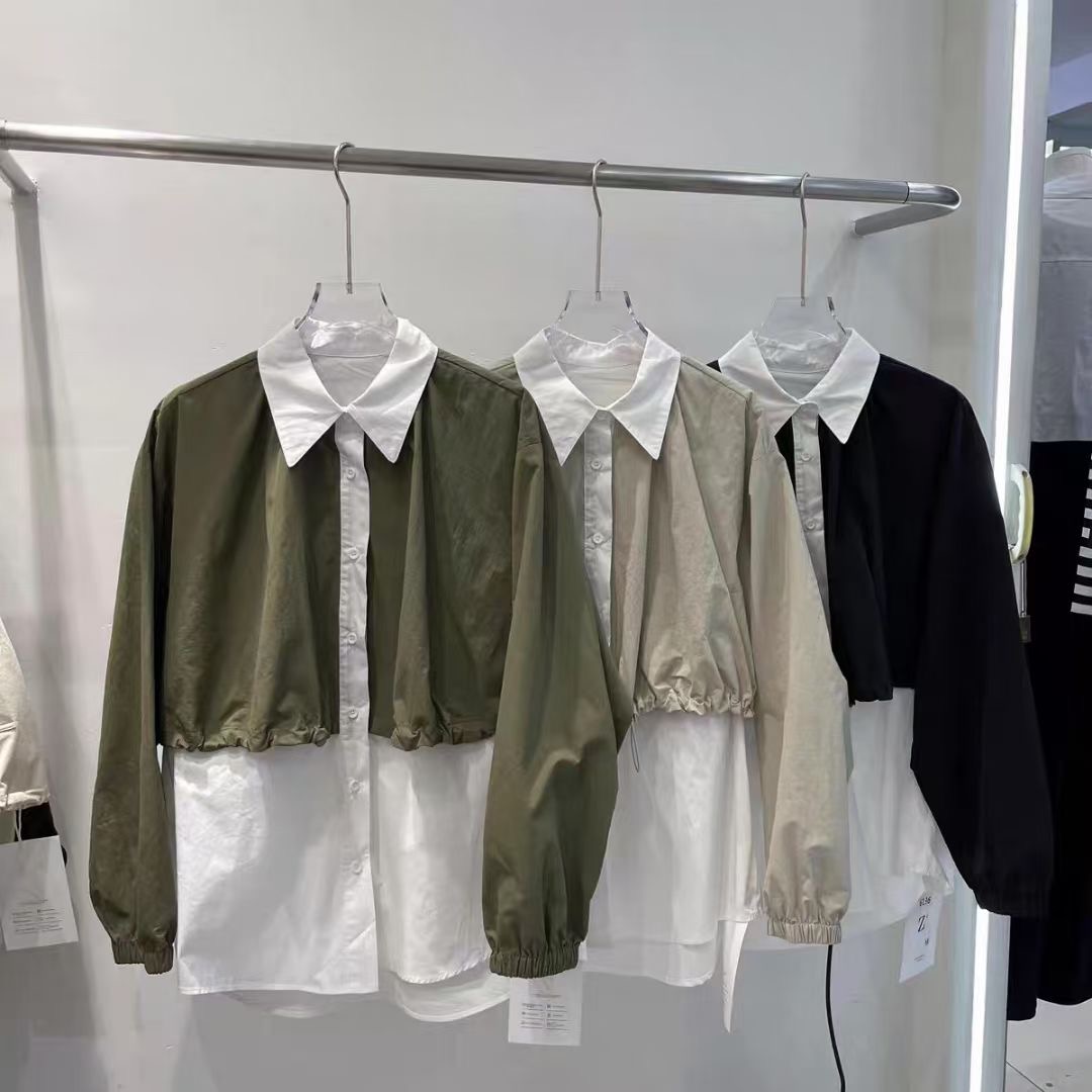 韓版chic 休閒撞色拼接假兩件襯衫女秋季長袖中長款襯衣