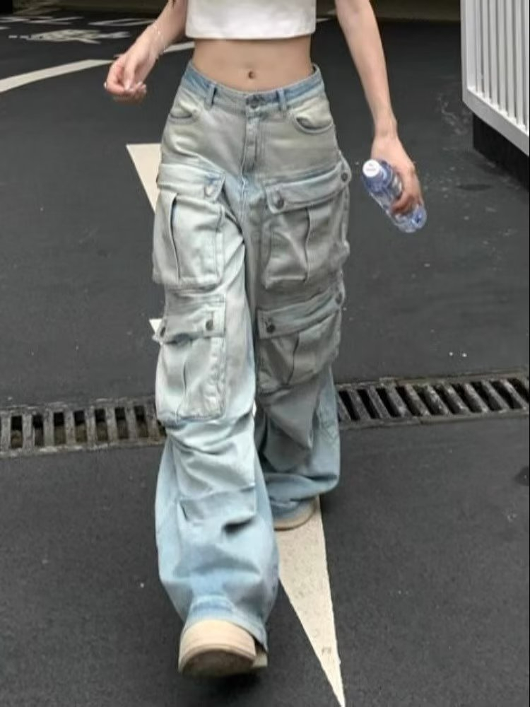 式復古口袋工裝牛仔褲女秋季設計感直筒寬鬆闊腿拖地褲子潮