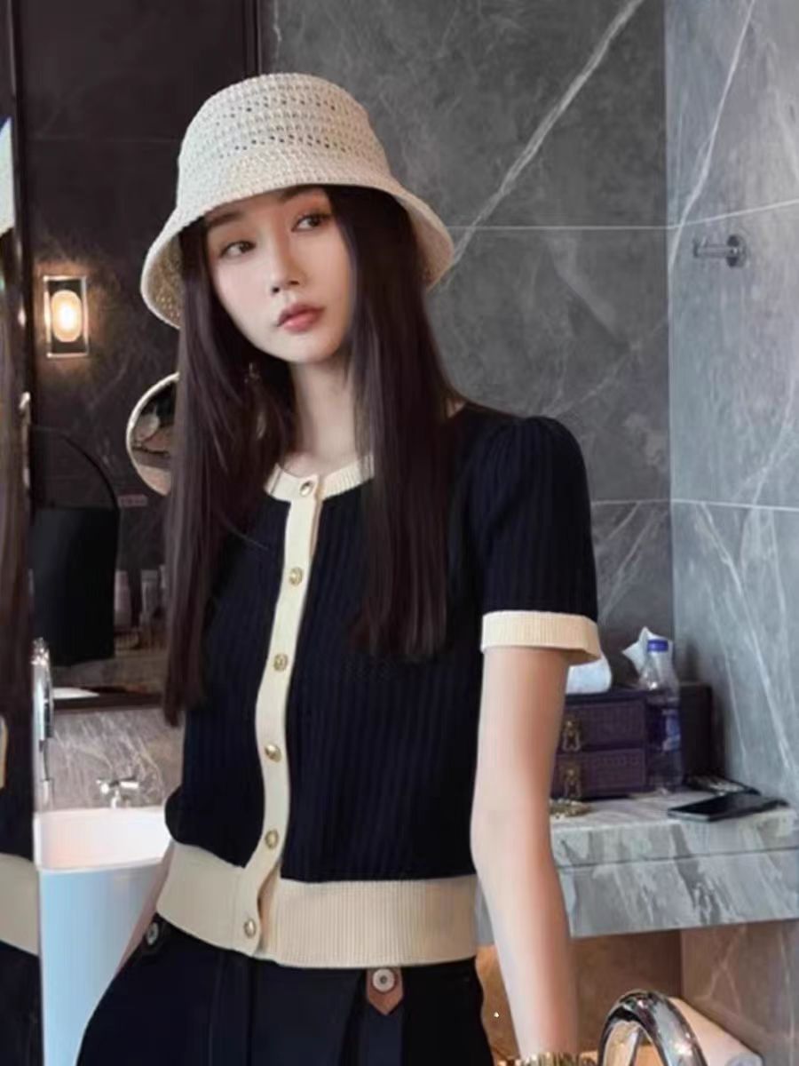 法式復古短袖上衣2024年夏季新款小香風氣質高級設計感針織開衫女