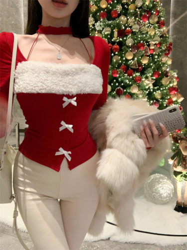 Real shot of spliced ​​furry square collar Christmas design bow slit slimming top