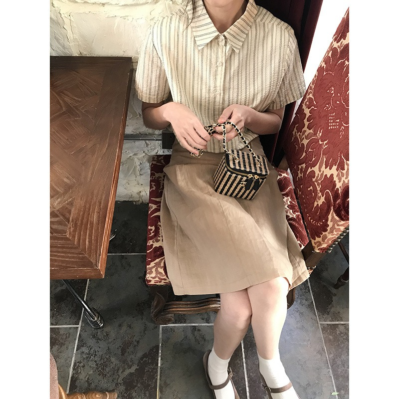 原版鄒布條紋豎條紋短袖襯衫女2024夏季薄款百搭翻領襯衣