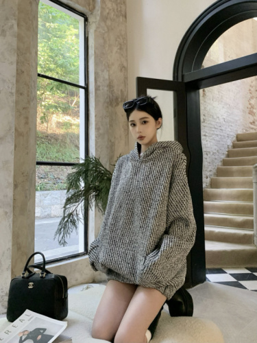 Real shot ~ Xiaoxiangfeng hooded thickened sweatshirt for couples autumn and winter heavy tweed loose pullover top