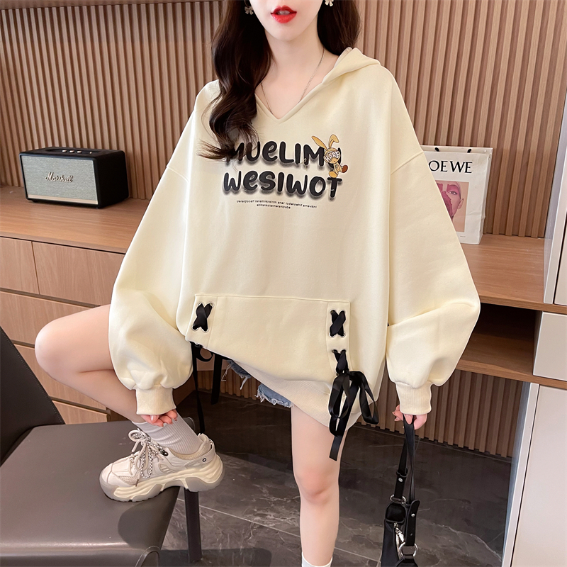 Real shot 2024 spring Korean style loose back bag reverse cotton hooded printed large size thin sweatshirt for women