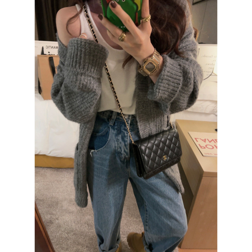 Retro lazy style knitted sweater for women autumn soft and waxy loose slimming versatile mid-length cardigan jacket
