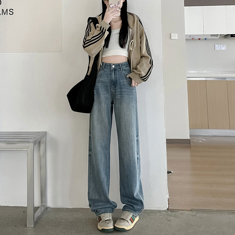 實拍2024早春潮流闊腿直筒美式復古牛仔褲女