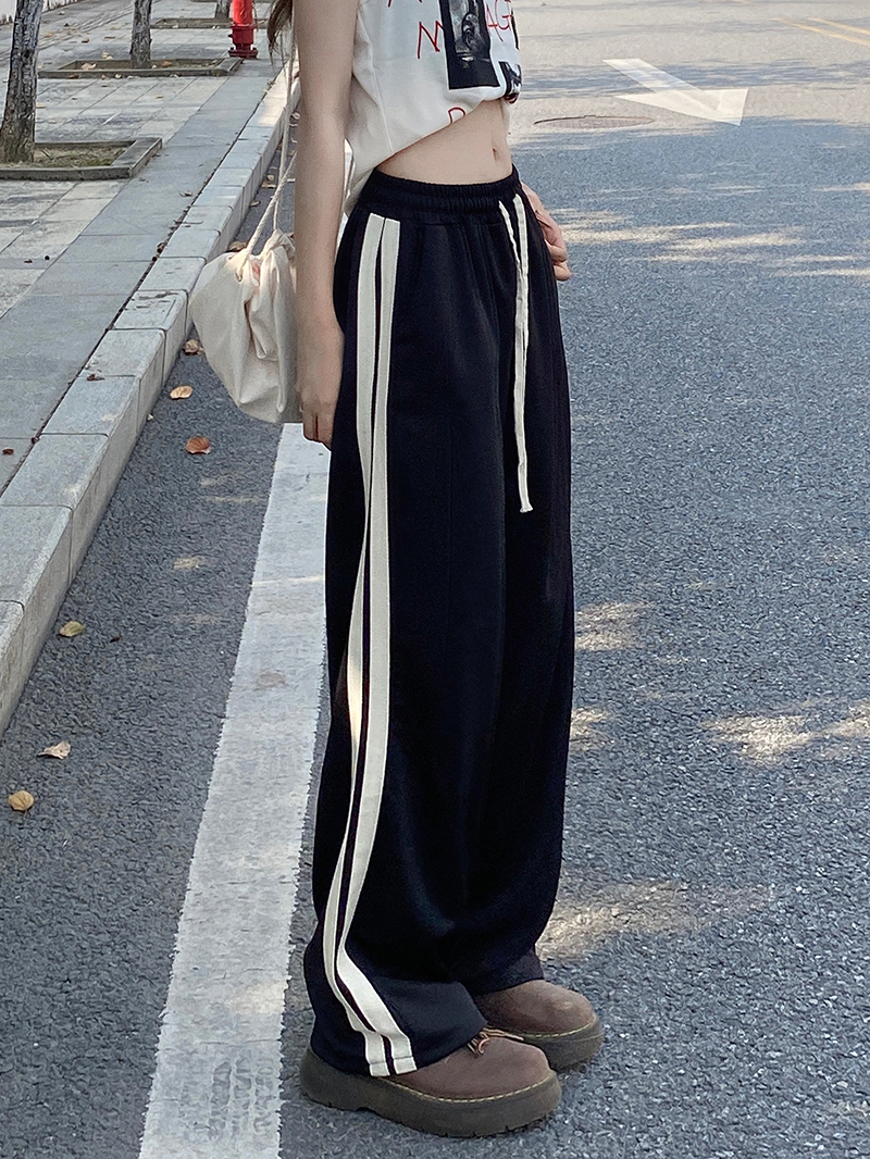 Actual shot of spring casual pants for women high street hip-hop striped wide-leg sweatpants